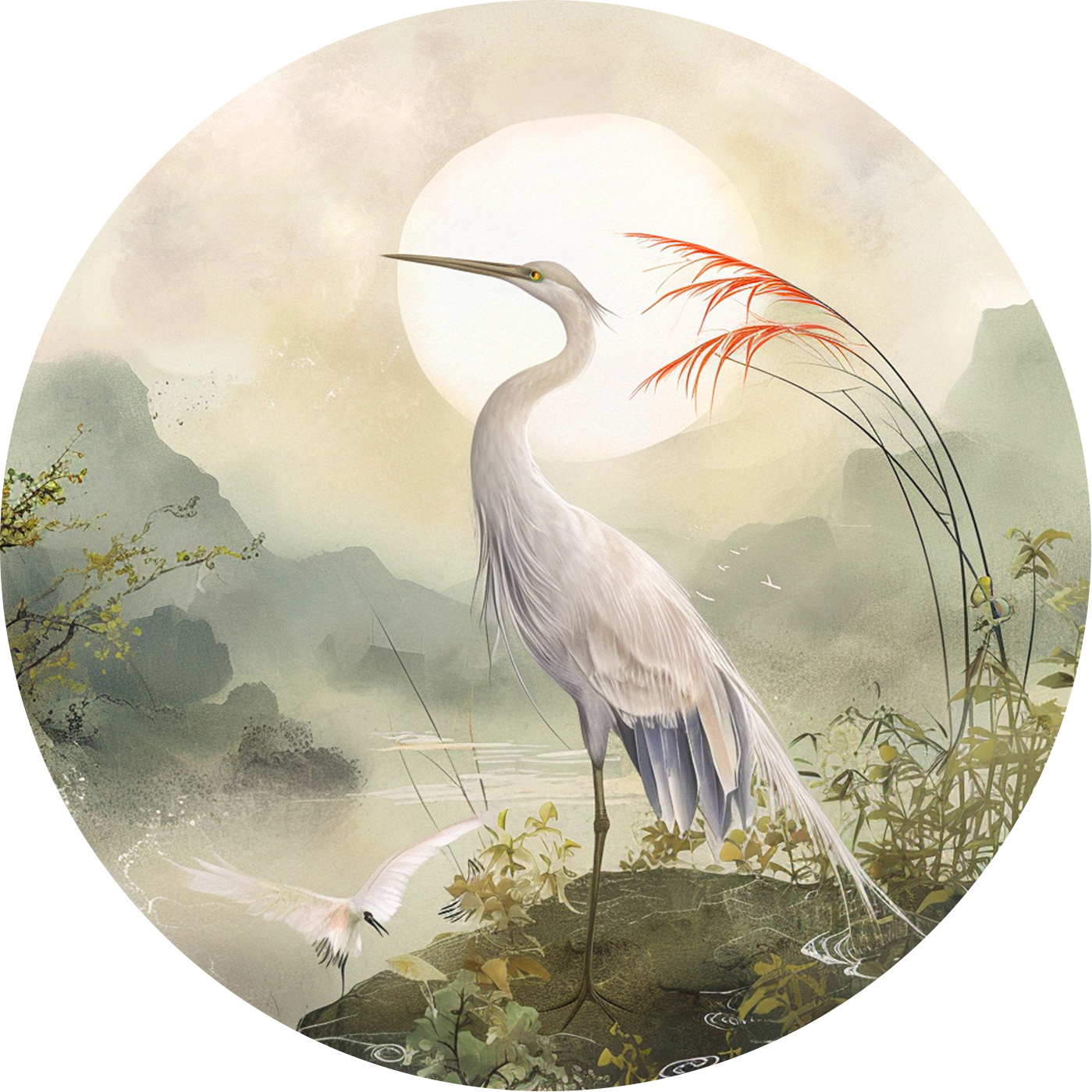 Rundes Poster „Heron on the Hill“.