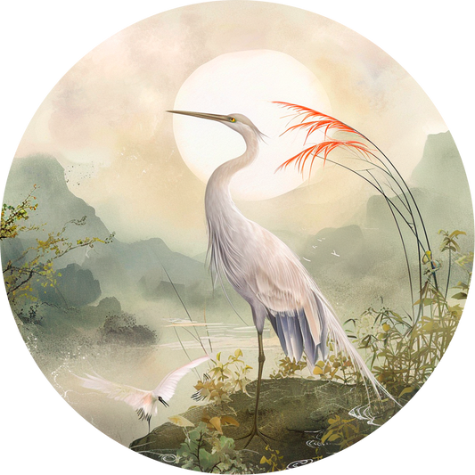 Rundes Poster „Heron on the Hill“.