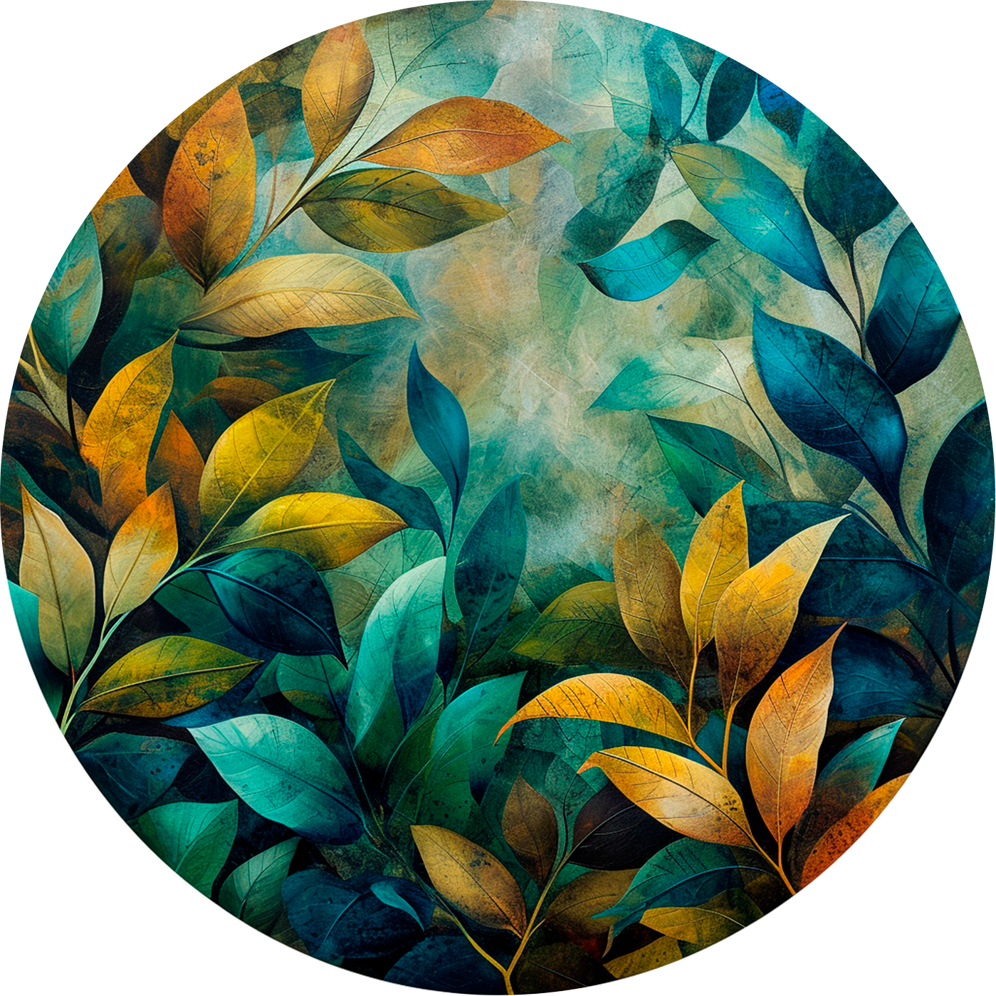 Gold and Turquoise Leaves Round Poster