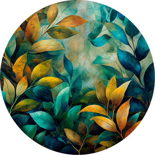 Gold and Turquoise Leaves Round Poster