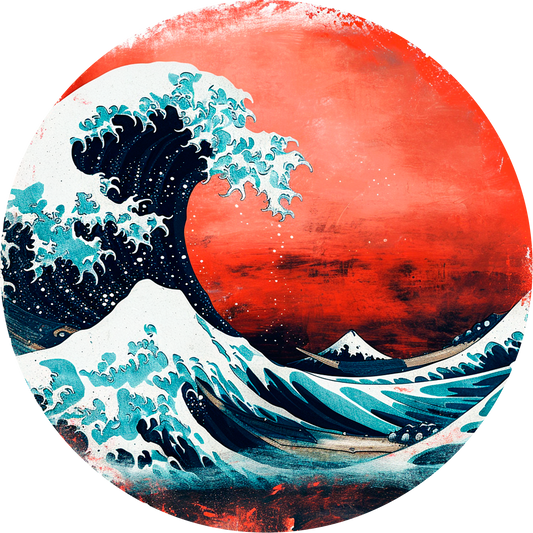 Wave and Red Sky Round Poster