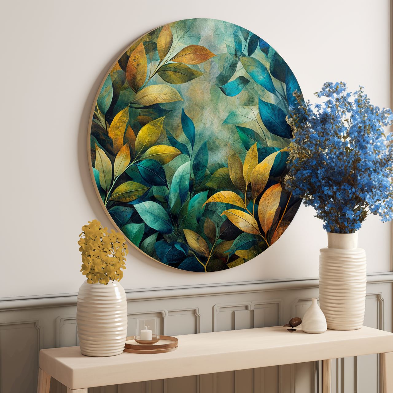 Gold and Turquoise Leaves Round Poster