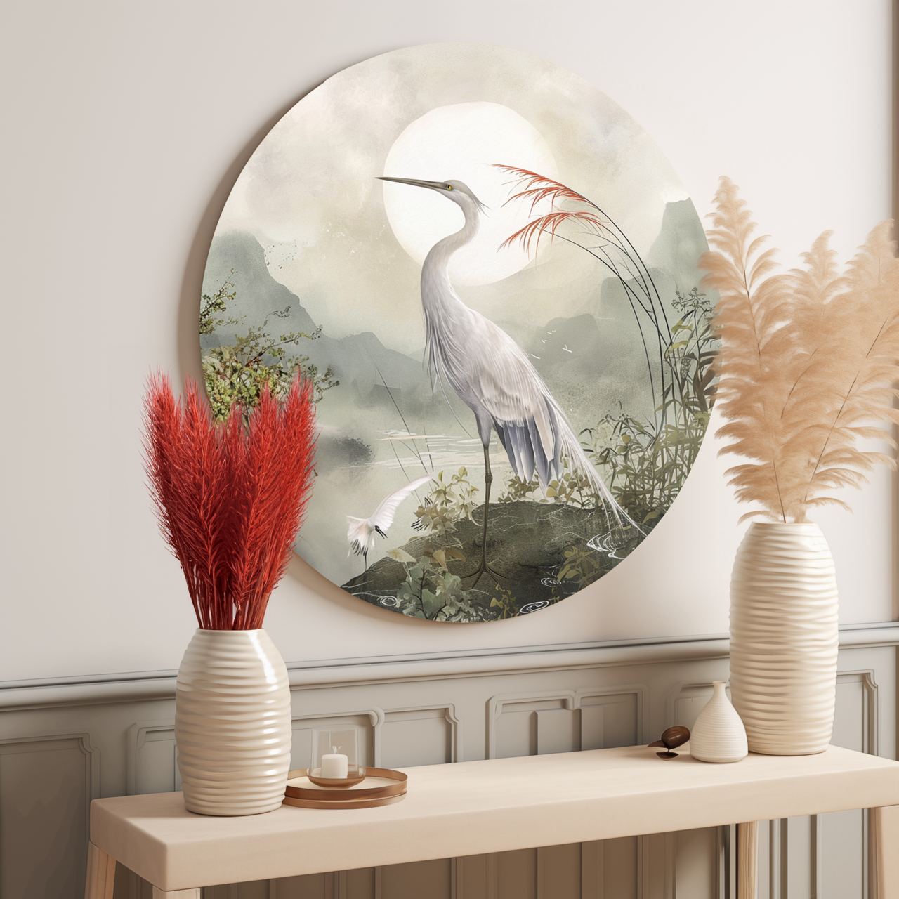 Rundes Poster „Heron on the Hill“.