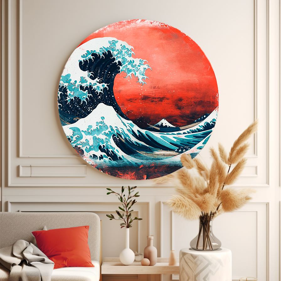 Wave and Red Sky Round Poster